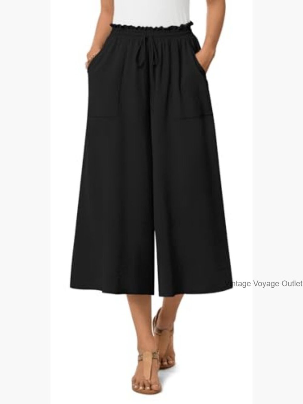 Womens Capri Pants Wide Leg Gaucho Palazzo Elastic Waist - Picture 3 of 7